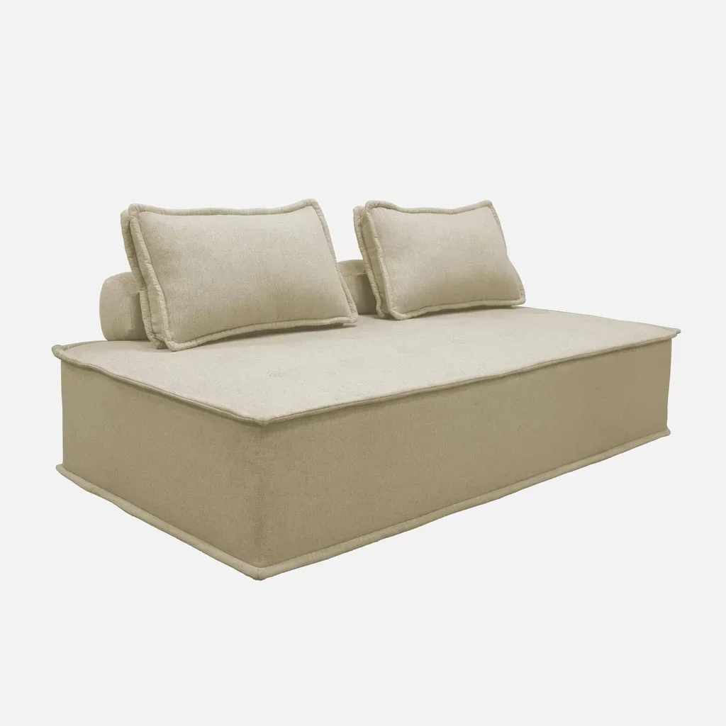 Chauffeuse modulable 2 places tissu capitonné beige vintage