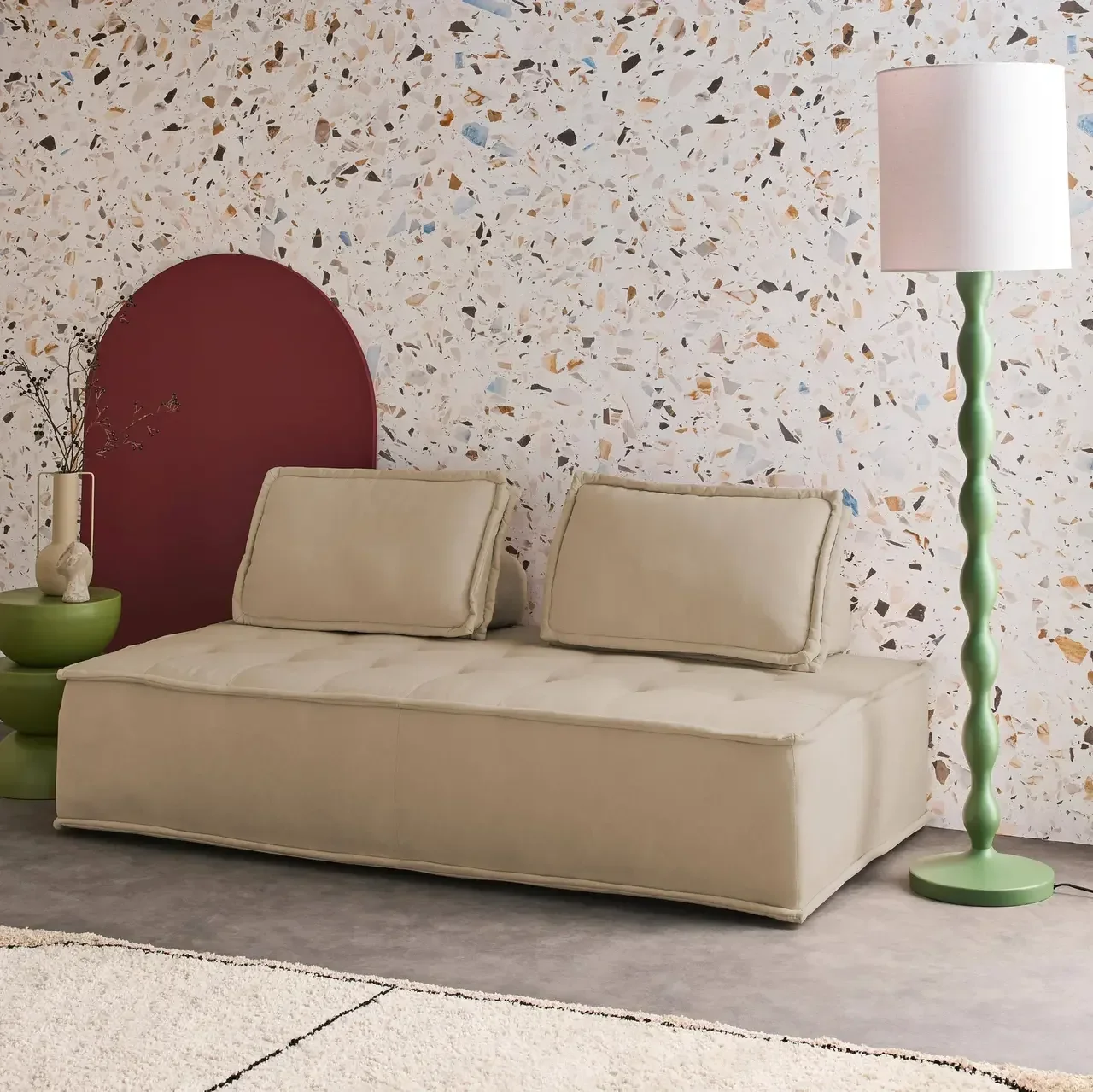 Chauffeuse modulable 2 places tissu capitonné beige vintage