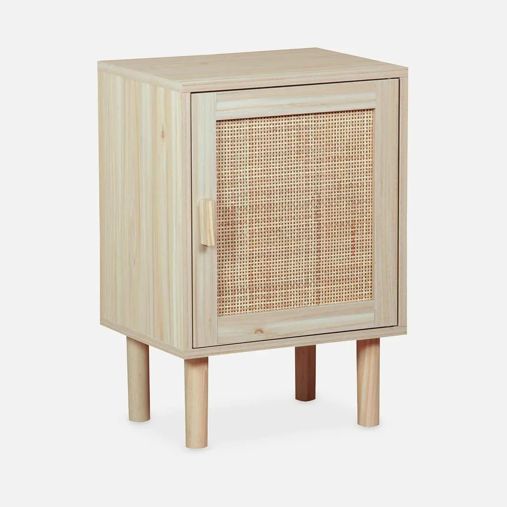 Bedside table rattan 1 door wood vintage Camargue