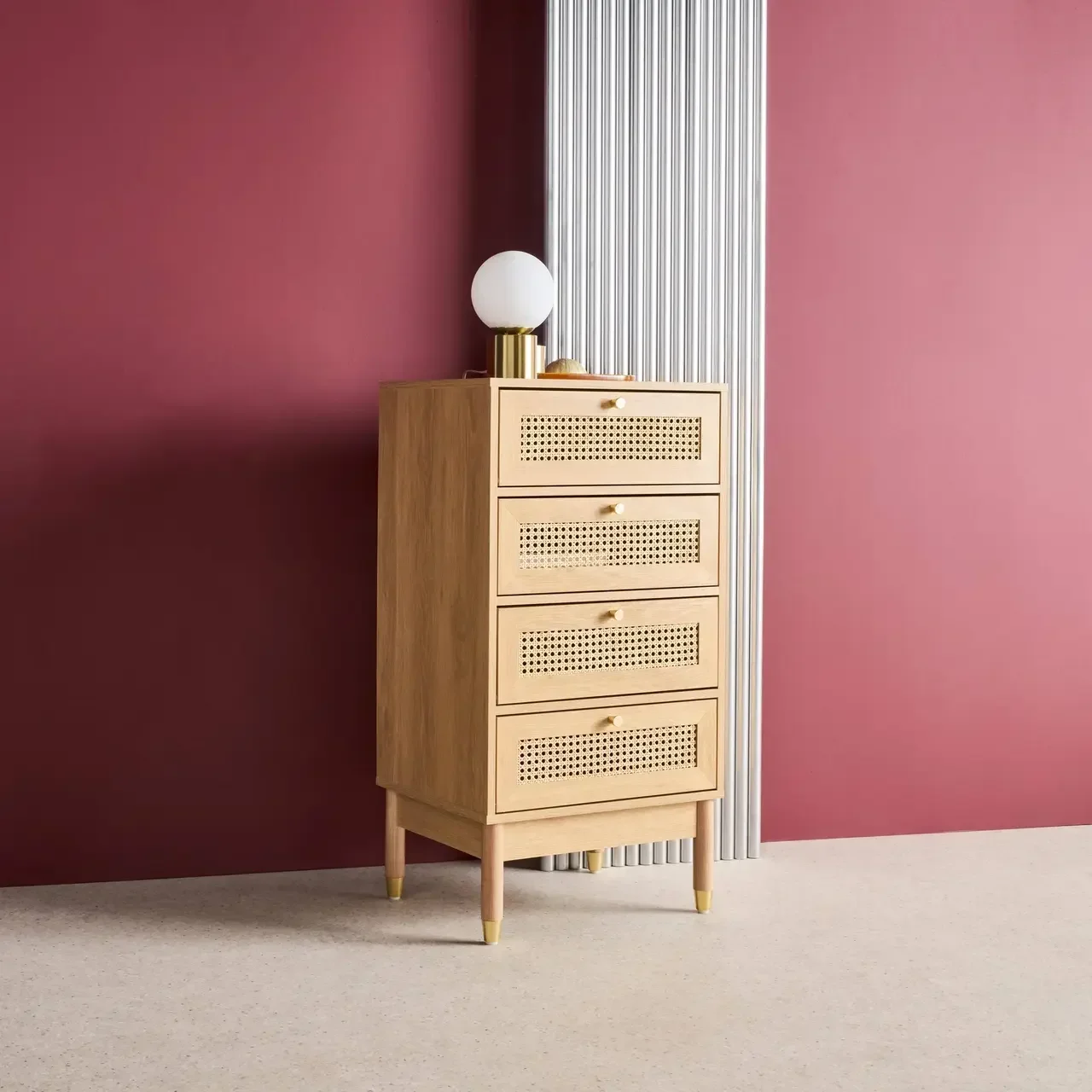 4-Schubladen Kommode Rattan Naturholz Boho-Stil Judith