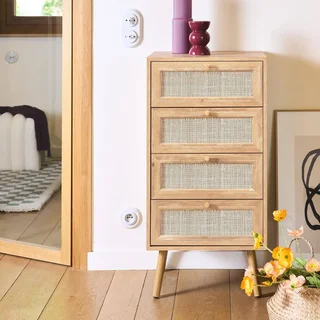 Cassettiera 4 cassetti rattan legno naturale stile boho vintage