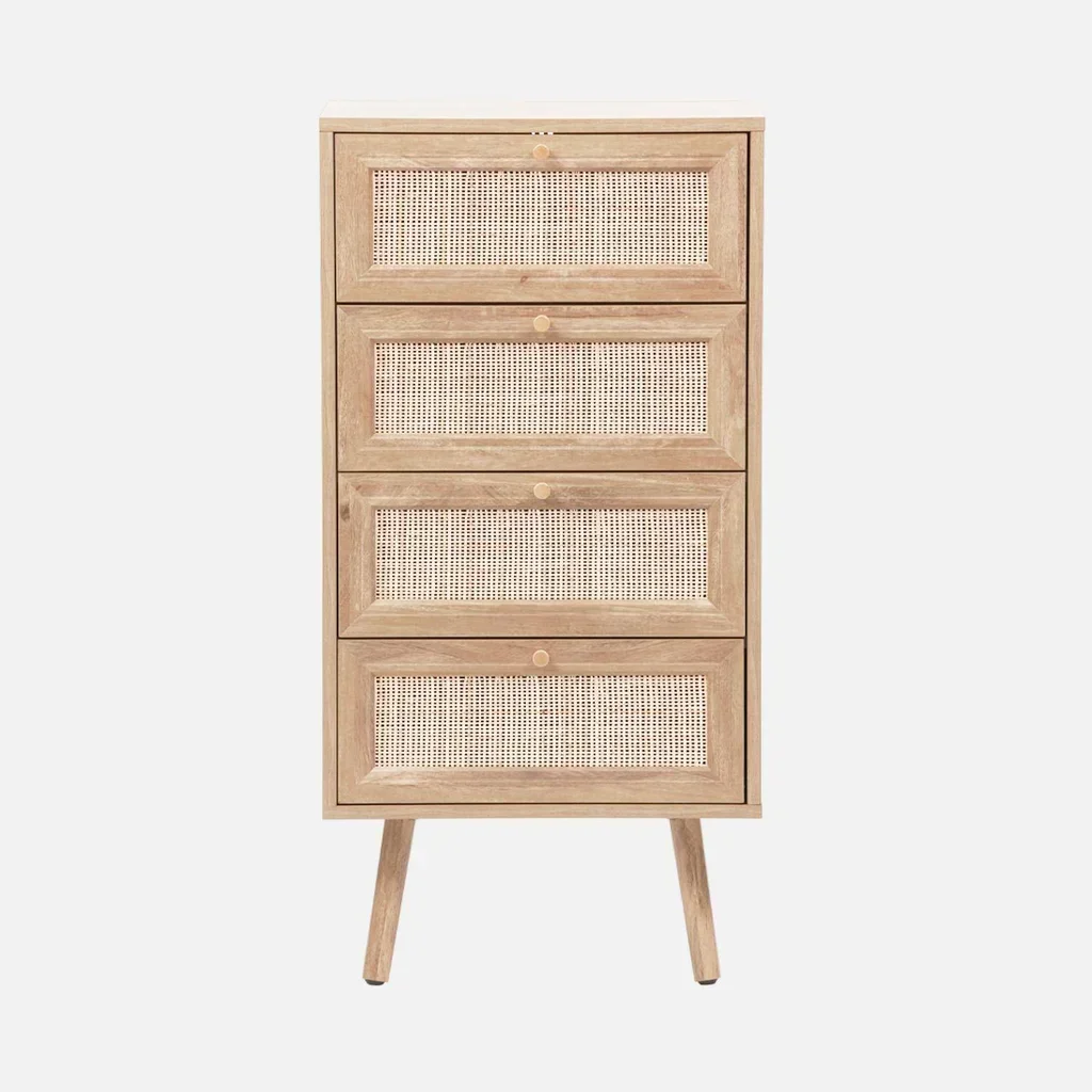 Cassettiera 4 cassetti rattan legno naturale stile boho vintage