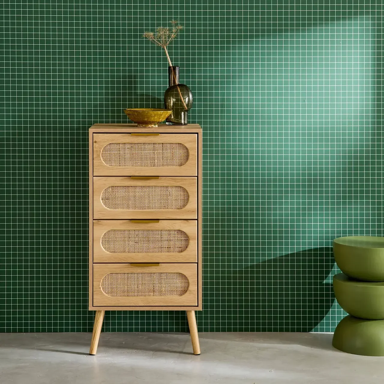 Chiffonnier 4 tiroirs cannage bois naturel style bohème Eva