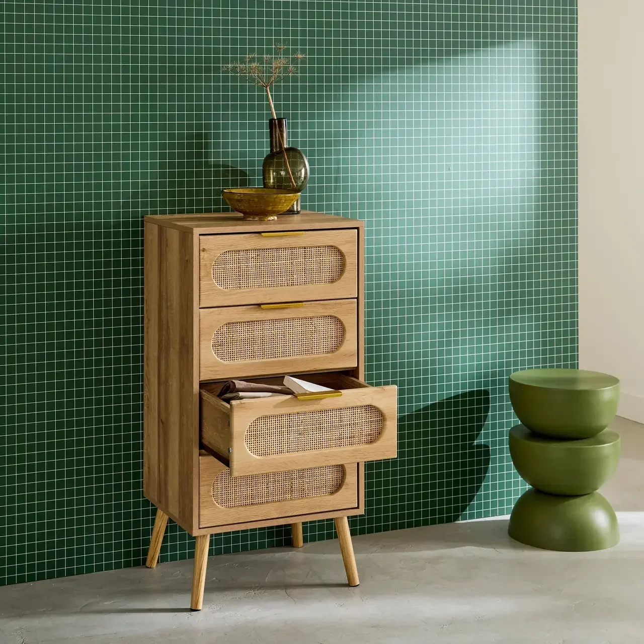 Chiffonnier 4 tiroirs cannage bois naturel style bohème Eva