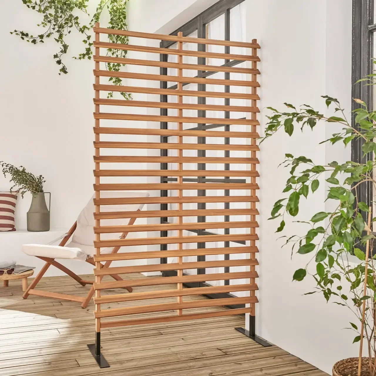 Claustra bois acacia 100 cm intérieur extérieur lattes inclinées