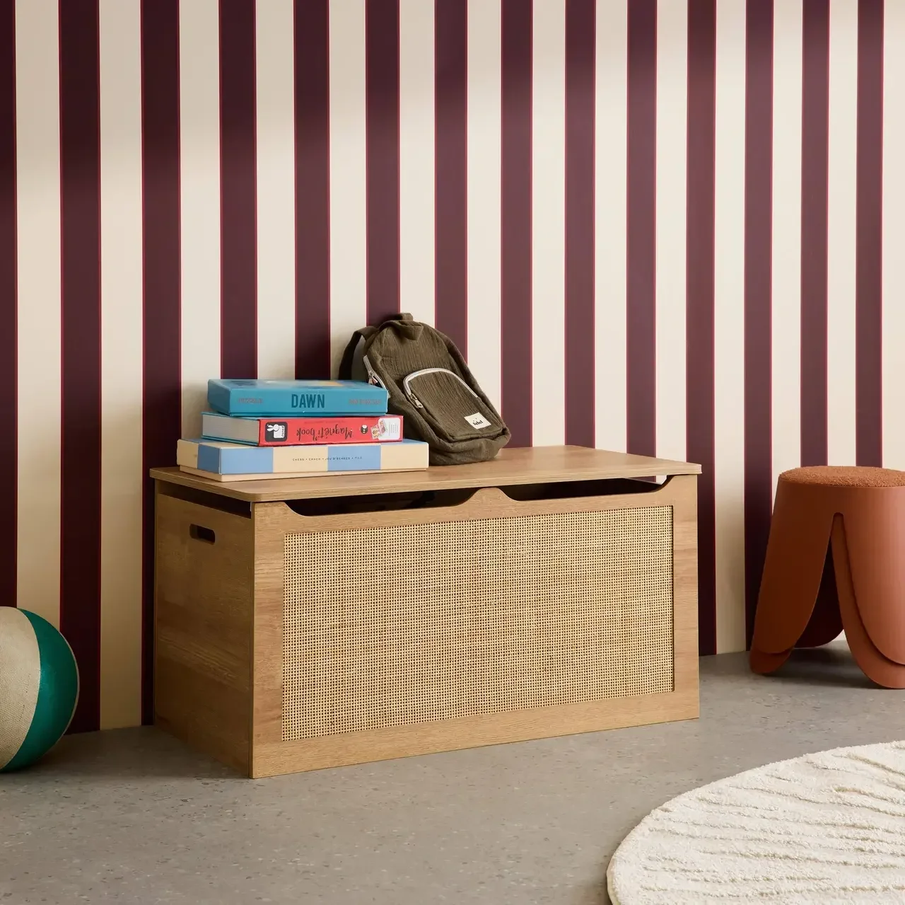 Coffre à jouets bois cannage naturel chambre enfant bohème