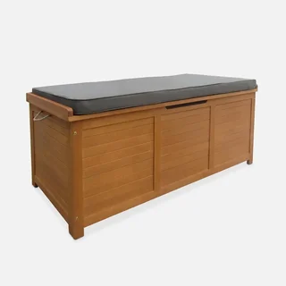 Coffre de jardin eucalyptus 200L avec coussin et vérins à gaz