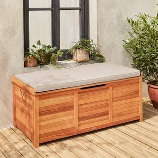 Coffre jardin bois eucalyptus 200L coussin assise extérieur