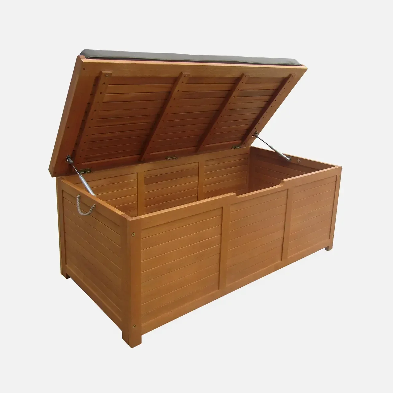 Coffre de jardin eucalyptus 200L avec coussin et vérins à gaz