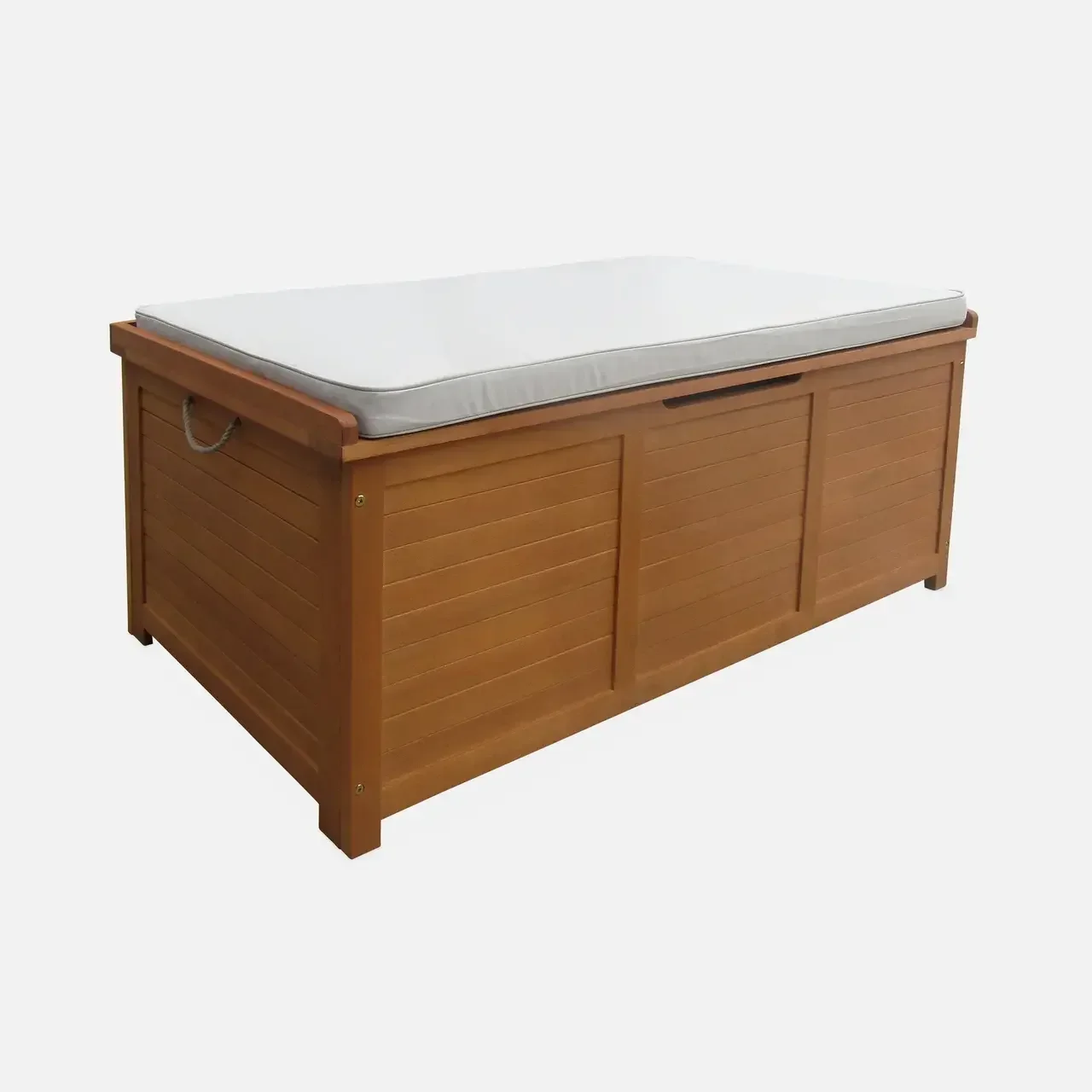 Coffre jardin bois eucalyptus 200L coussin assise extérieur