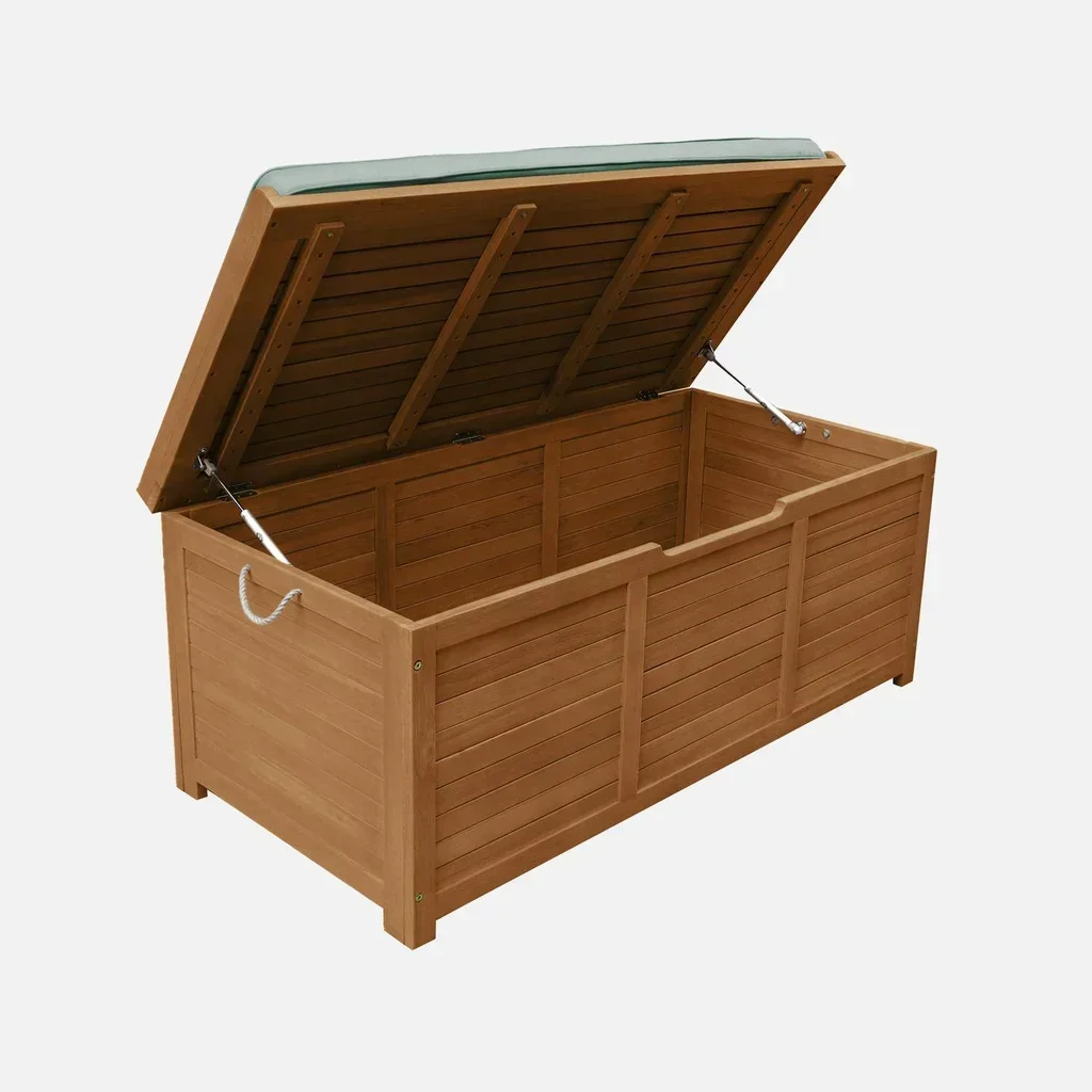 Coffre jardin bois eucalyptus 200L coussin assise extérieur