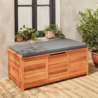 Coffre de jardin eucalyptus 200L avec coussin et vérins à gaz