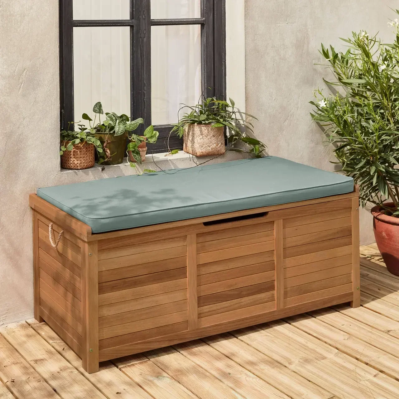 Coffre jardin bois eucalyptus 200L coussin assise extérieur