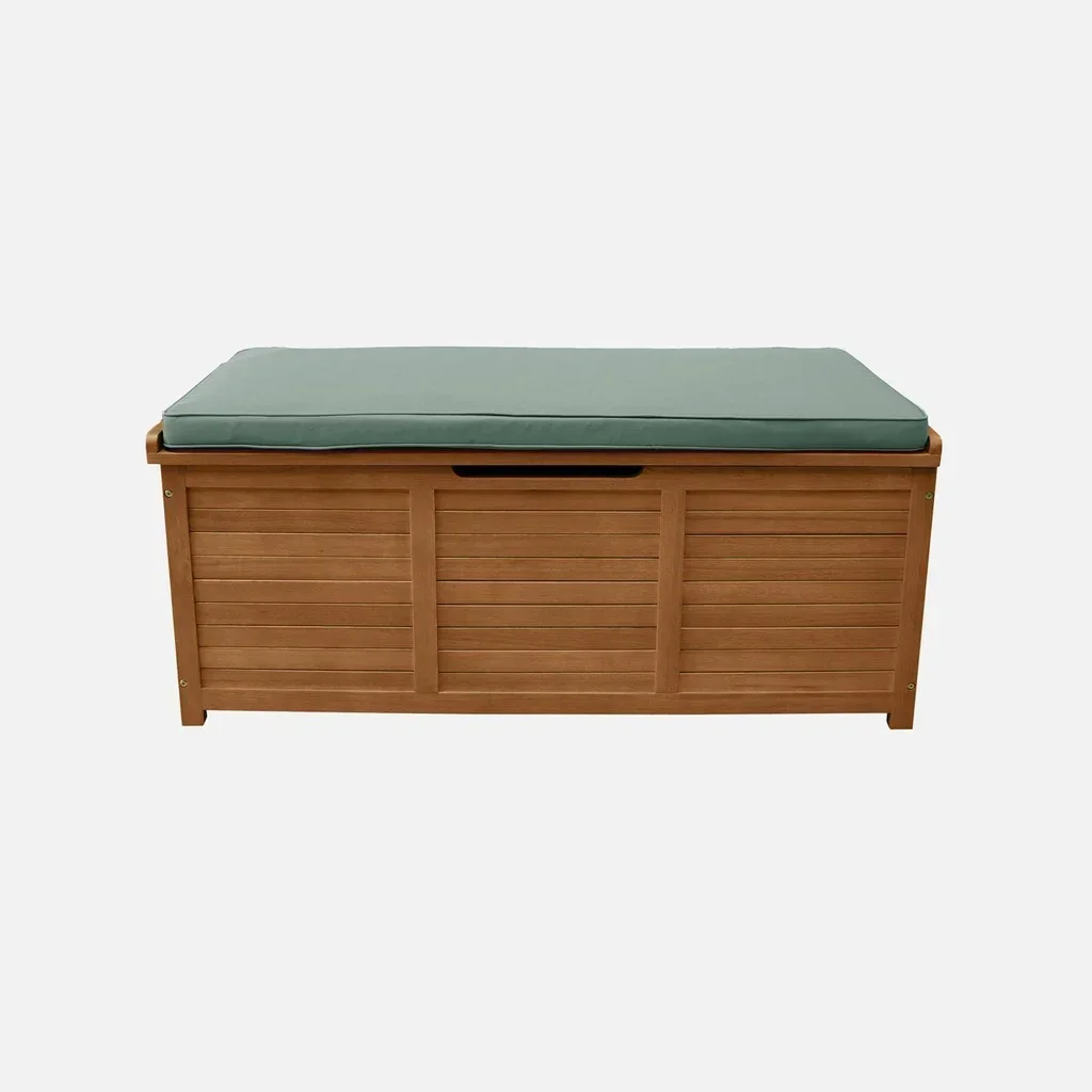 Coffre jardin bois eucalyptus 200L coussin assise extérieur
