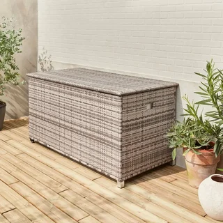 Coffre rangement jardin résine tressée 790L aluminium roulettes Cassapanca