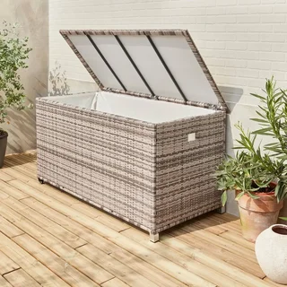 Coffre rangement jardin résine tressée 790L aluminium roulettes Cassapanca