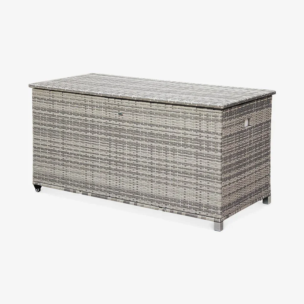 Coffre rangement jardin résine tressée 790L aluminium roulettes Cassapanca