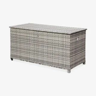 Coffre rangement jardin résine tressée 790L aluminium roulettes Cassapanca