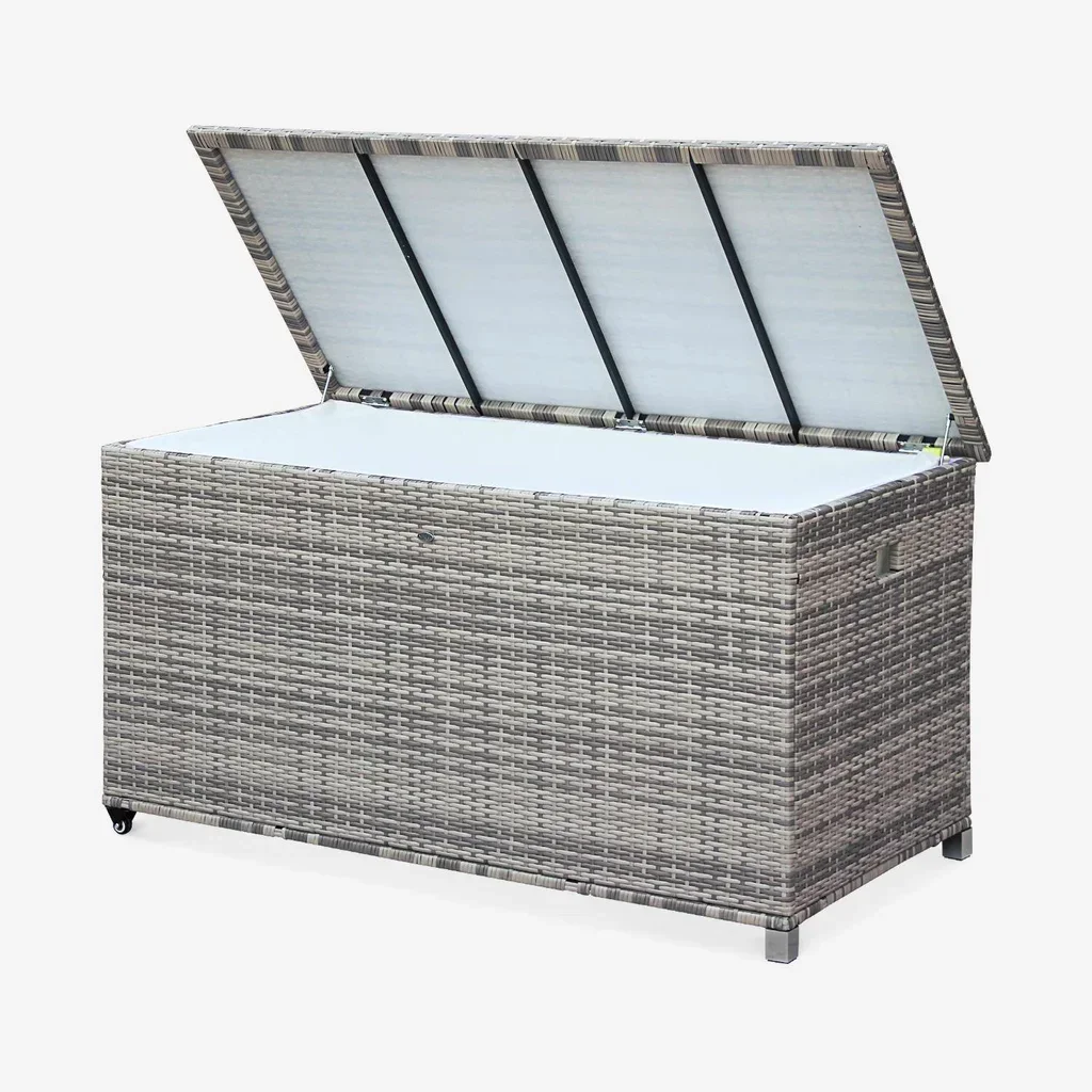 Coffre rangement jardin résine tressée 790L aluminium roulettes Cassapanca