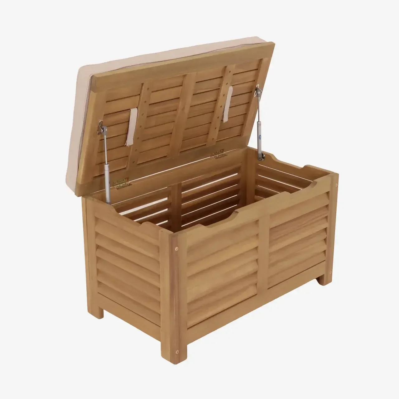 Coffre de jardin bois acacia 63L avec vérins à gaz et coussin assise