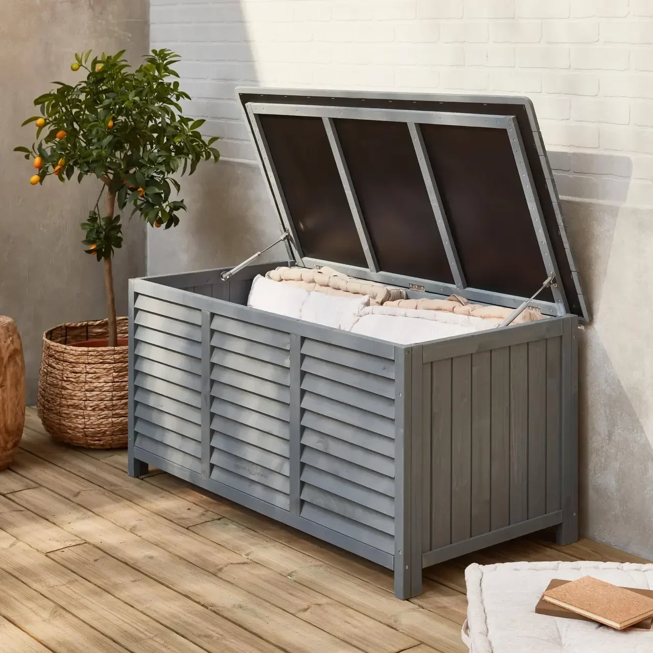 Coffre rangement bois sapin 330L extérieur intérieur gris