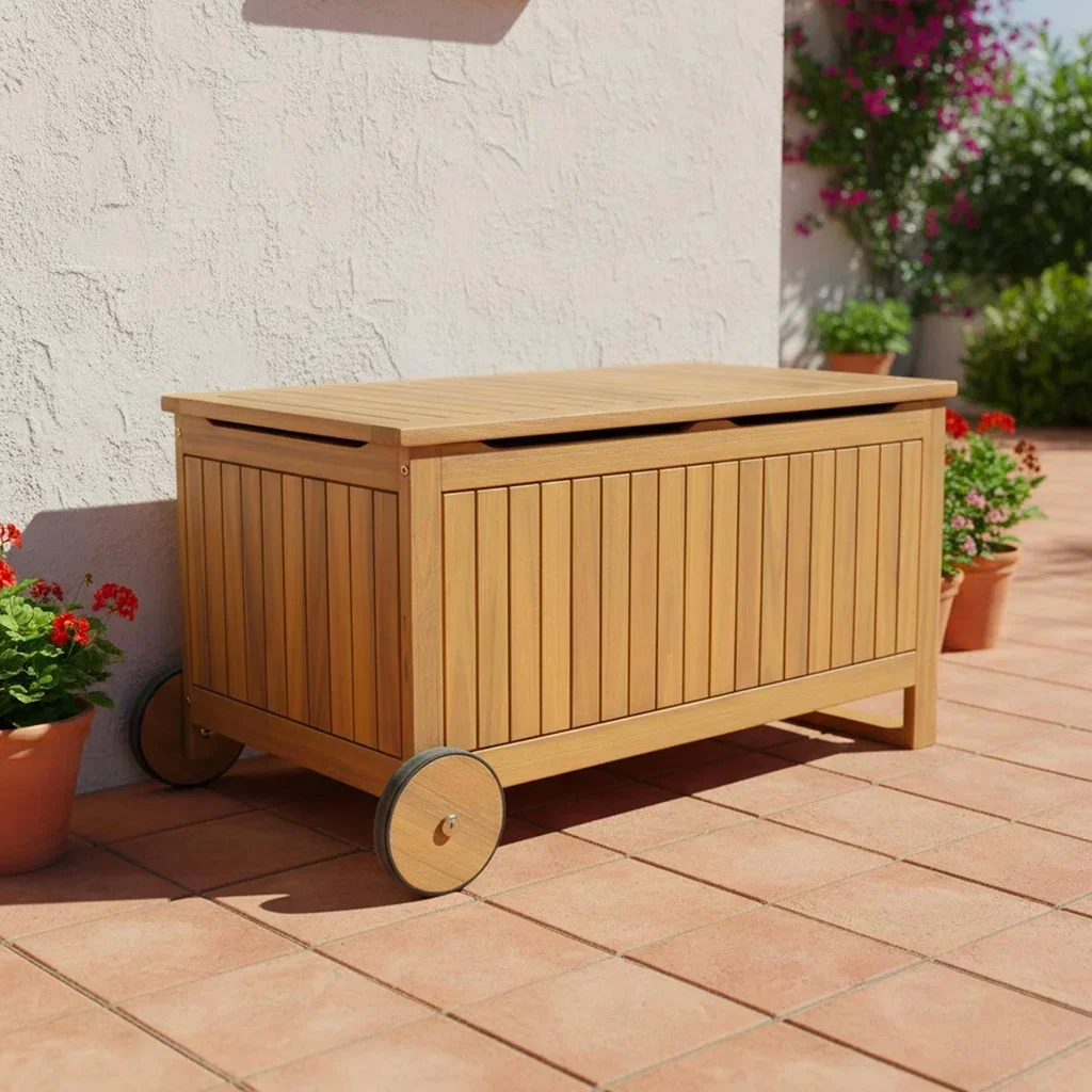 Coffre de rangement extérieur bois d'acacia 119L avec roulettes