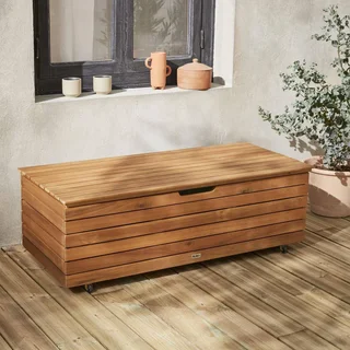 Acacia Wood Storage Chest 130L Outdoor with Wheels Assisted Opening
