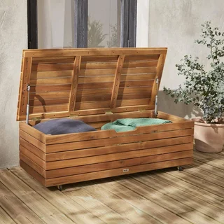 Acacia Wood Storage Chest 130L Outdoor with Wheels Assisted Opening