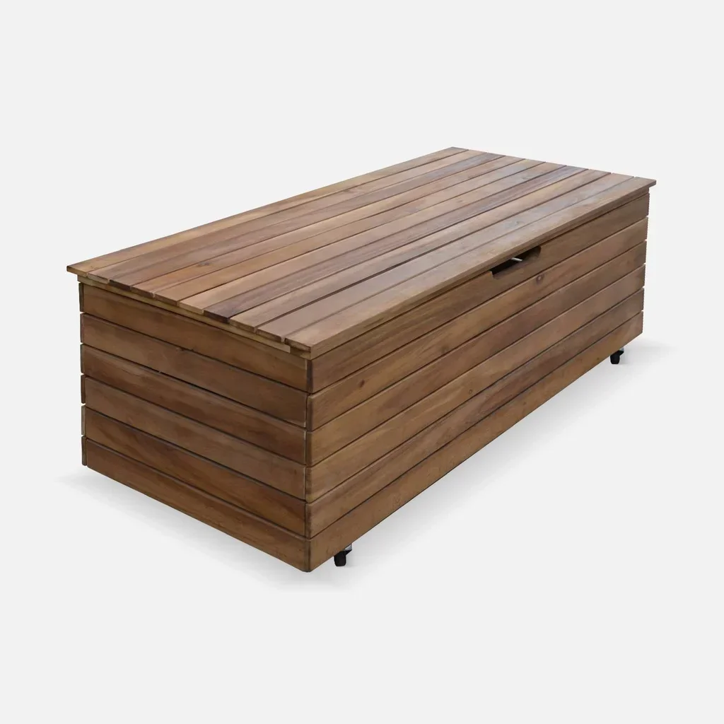 Acacia Wood Storage Chest 130L Outdoor with Wheels Assisted Opening