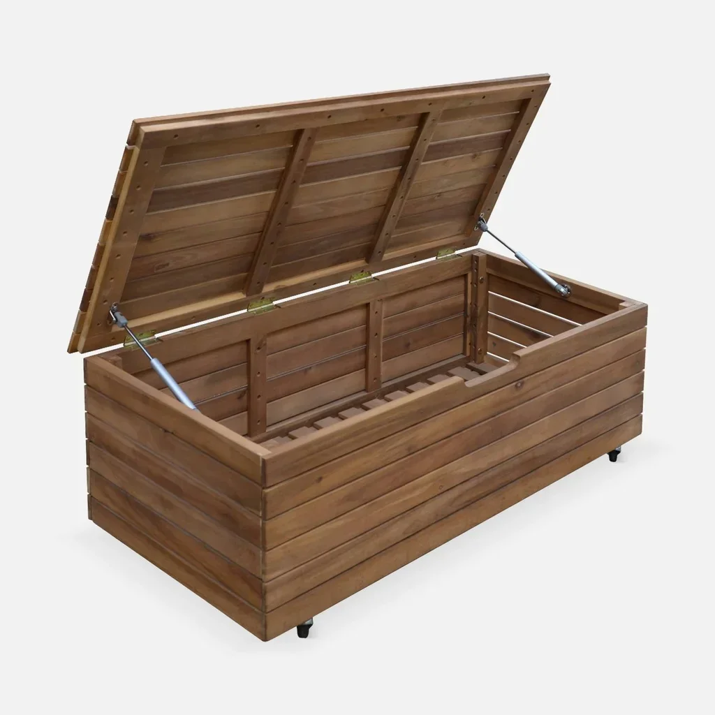 Acacia Wood Storage Chest 130L Outdoor with Wheels Assisted Opening