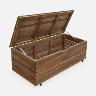 Acacia Wood Storage Chest 130L Outdoor with Wheels Assisted Opening