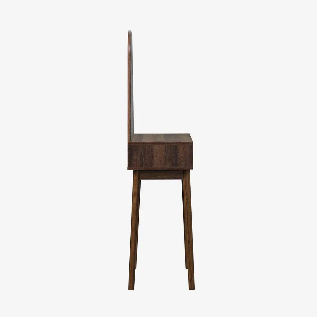 Scandinavian walnut wood dressing table with round mirror and storage drawer