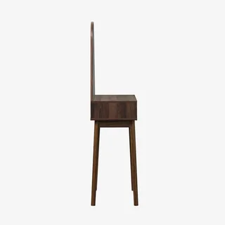 Scandinavian walnut wood dressing table with round mirror and storage drawer