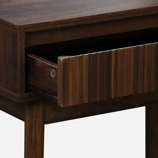 Scandinavian walnut wood dressing table with round mirror and storage drawer