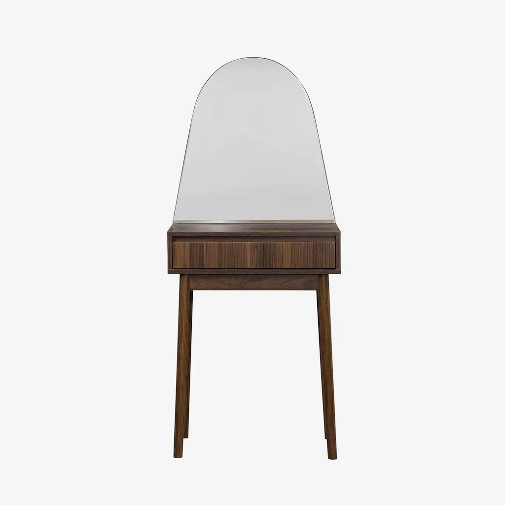 Scandinavian walnut wood dressing table with round mirror and storage drawer
