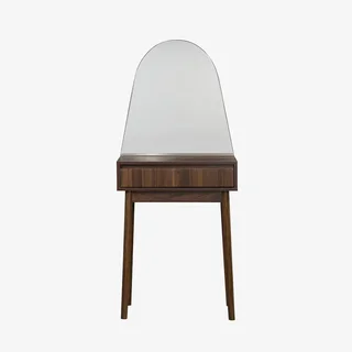 Scandinavian walnut wood dressing table with round mirror and storage drawer