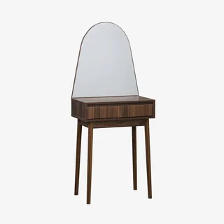 Scandinavian walnut wood dressing table with round mirror and storage drawer