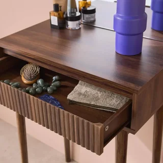 Scandinavian walnut wood dressing table with round mirror and storage drawer