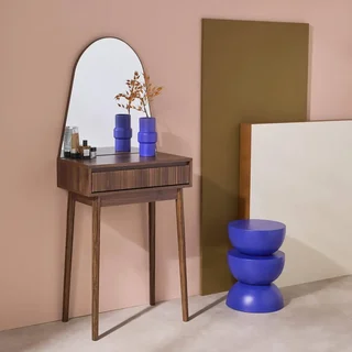 Scandinavian walnut wood dressing table with round mirror and storage drawer