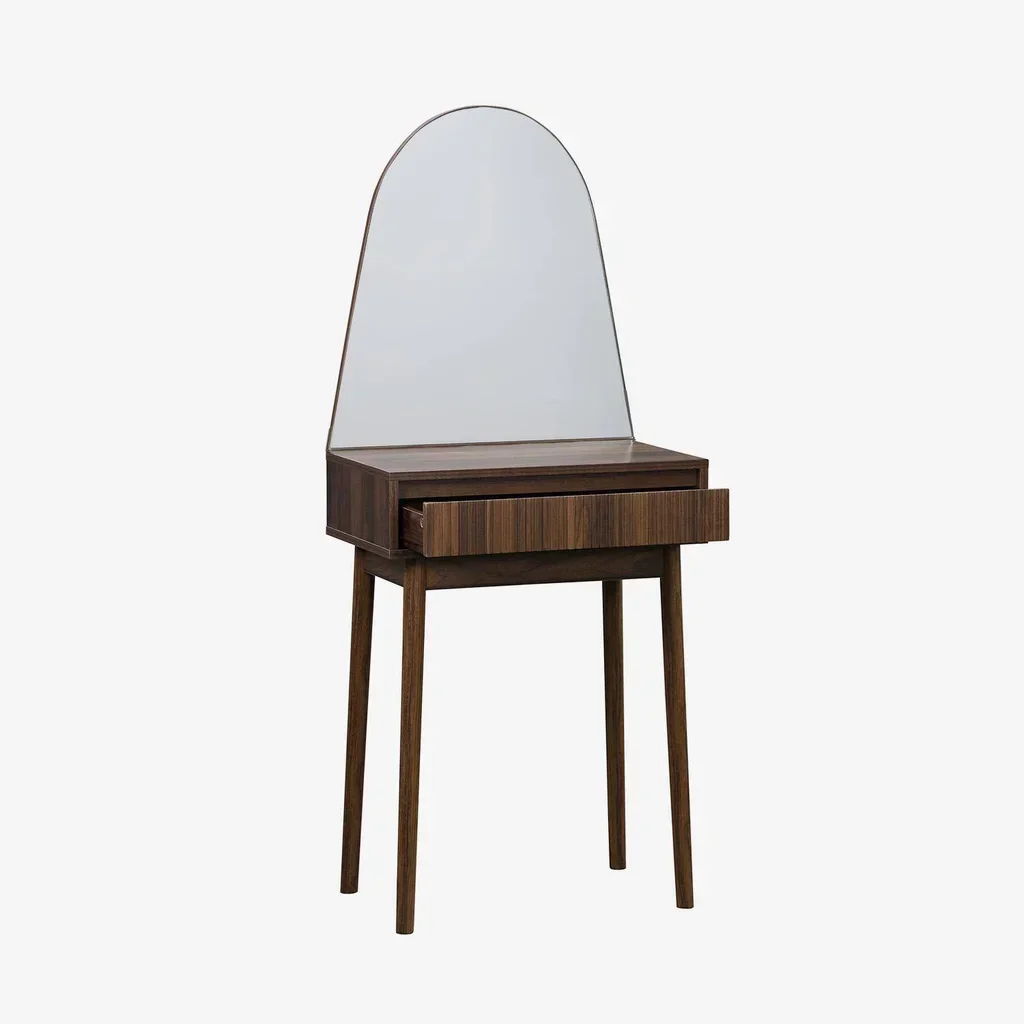 Scandinavian walnut wood dressing table with round mirror and storage drawer