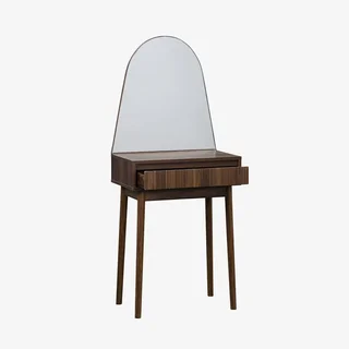 Scandinavian walnut wood dressing table with round mirror and storage drawer