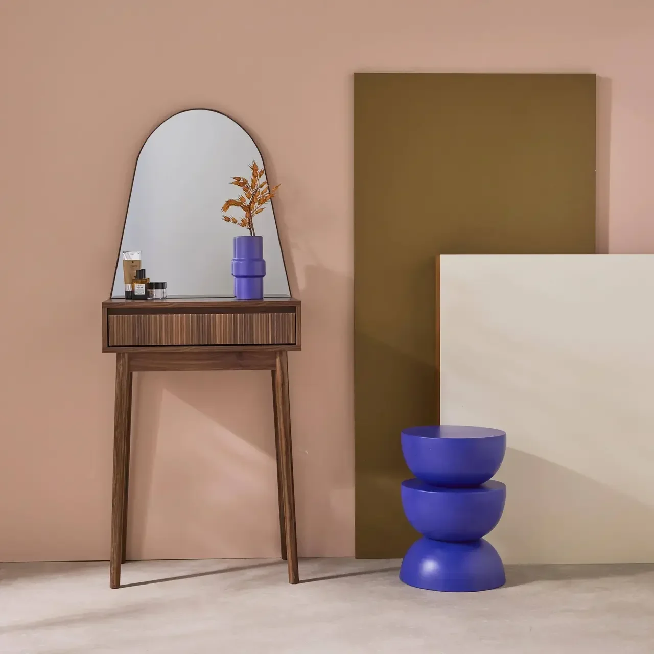 Coiffeuse scandinave bois noyer miroir rond tiroir rangement