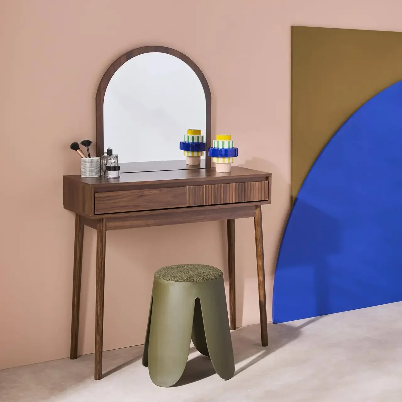 Coiffeuse bois scandinave miroir rond double rangement Linear