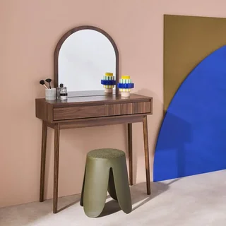 Coiffeuse bois scandinave miroir rond double rangement Linear