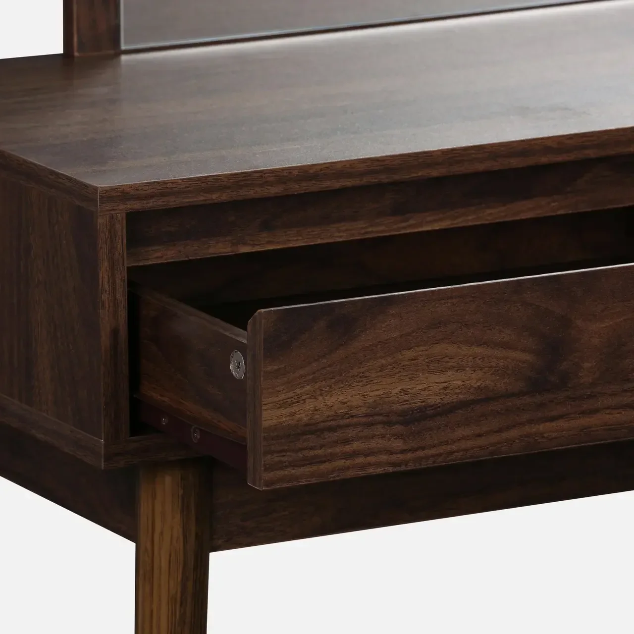 Coiffeuse bois scandinave miroir rond double rangement Linear