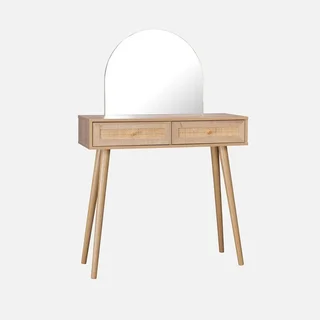 Coiffeuse vintage miroir rond cannage rotin 2 tiroirs bois