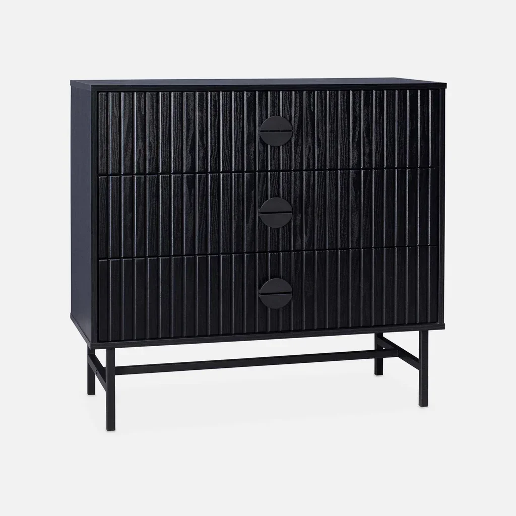 Kommode 3 Schubladen Bazalt schwarz gestreiftes Holz Industriedesign