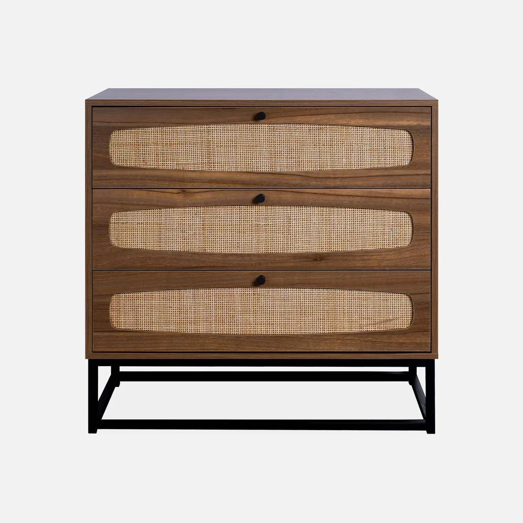 Commode vintage 3 tiroirs bois foncé cannage naturel piétement métal noir
