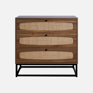 Commode vintage 3 tiroirs bois foncé cannage naturel piétement métal noir