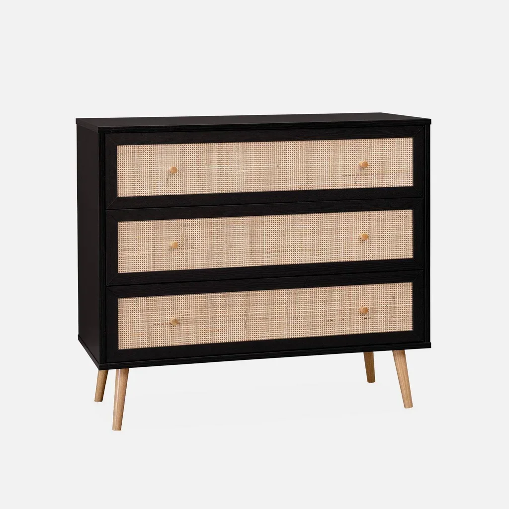 Commode bois 3 tiroirs cannage bohème vintage chambre